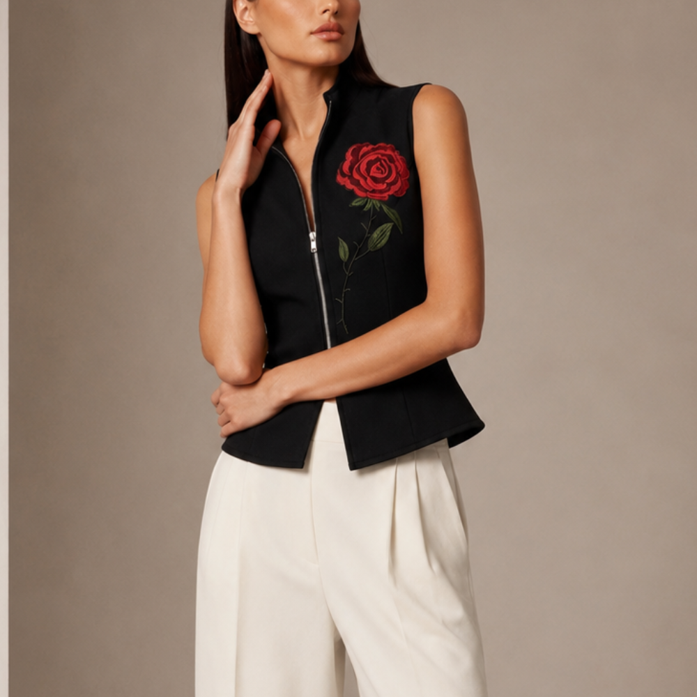 Women's floral rosalia alternate angle — versatile — Rosalia Zipper Vest — Oscar Blackwood