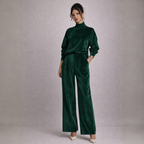 Women's green velvet pants styled look — versatile — Shona Velvet 2 Piece Set — Oscar Blackwood