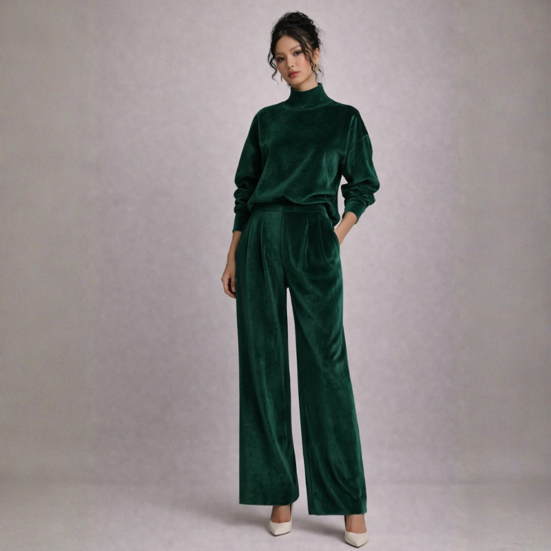 Women's green velvet pants styled look — versatile — Shona Velvet 2 Piece Set — Oscar Blackwood