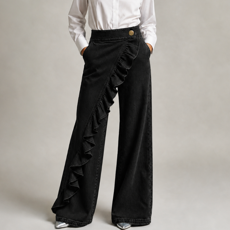 Women's black denim skirt detail view — chic — Lexa Denim Skirt Pants — Oscar Blackwood