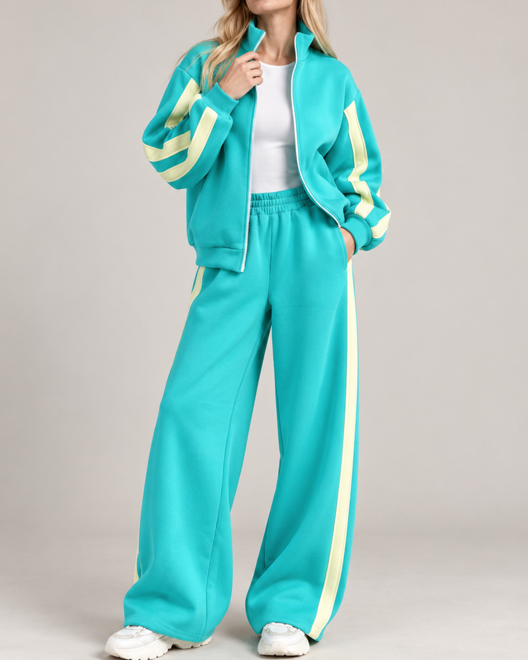 Women's turquoise striped pants side view — versatile — Mona Striped 2 Piece Set — Oscar Blackwood