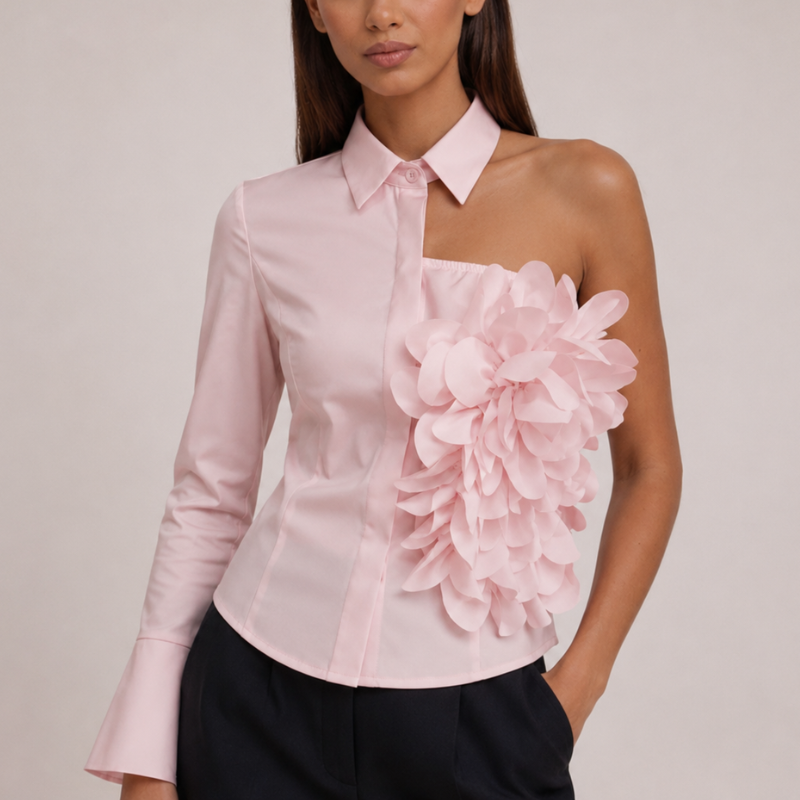 Women's pink floral freesia alternate angle — versatile — Freesia One-Shoulder Shirt — Oscar Blackwood