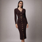 Women's brown knit dress styled look — chic — Audrey Sweater Dress — Oscar Blackwood