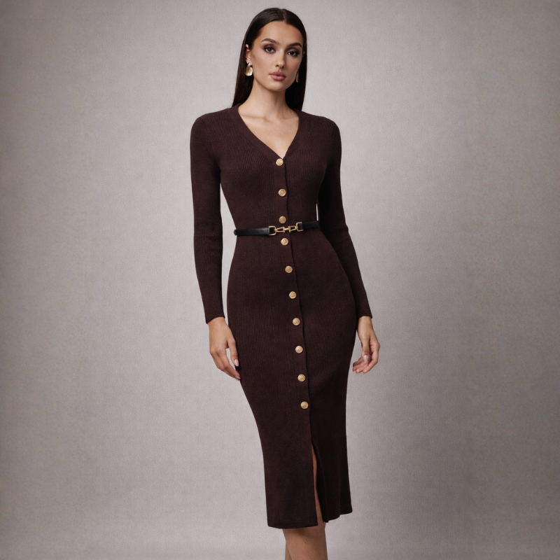 Women's brown knit dress styled look — chic — Audrey Sweater Dress — Oscar Blackwood