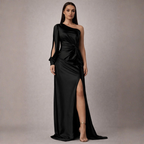 Women's black satin dress alternate angle — chic — Eleanor Slit Maxi Dress — Oscar Blackwood