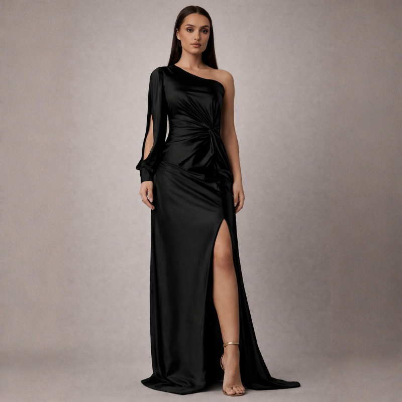 Women's black satin dress alternate angle — chic — Eleanor Slit Maxi Dress — Oscar Blackwood