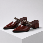Women's burgundy heels detail view — elegant — Cassandra Pointed Toe Chain Mules — Oscar Blackwood