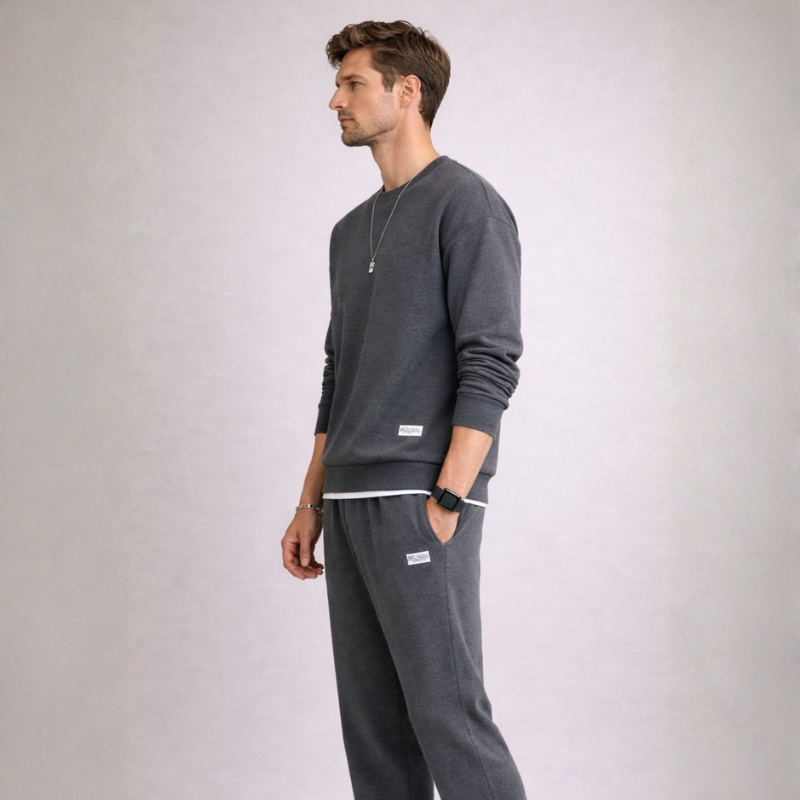 Men's gray cotton pants side view — versatile — Eric Waffle 2 Piece Set — Oscar Blackwood