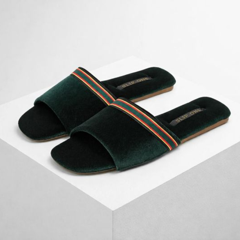 Women's green velvet shoes back view — versatile — Spin-ons Open Toe Slippers — Oscar Blackwood