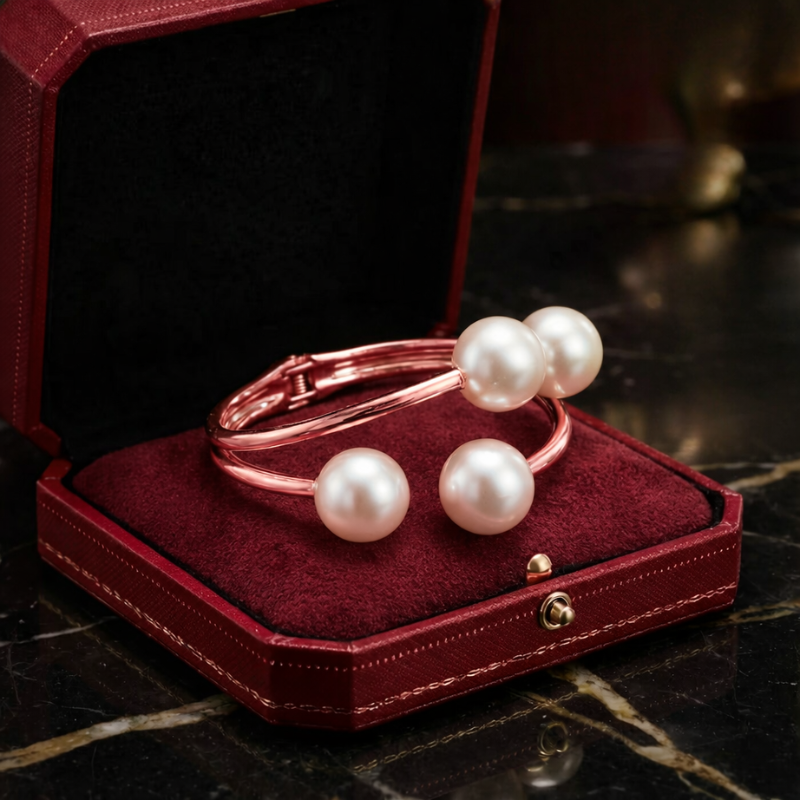 Women's rose-gold lace jewelry close-up — versatile — Aura Double Pearl Bangle — Oscar Blackwood