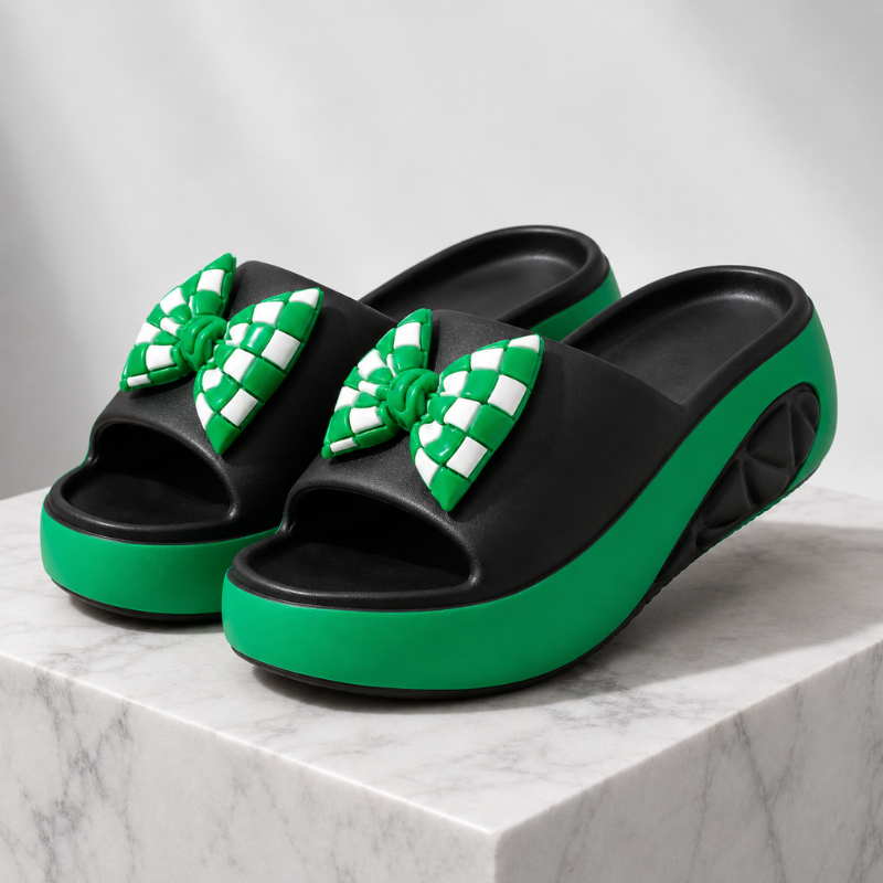 Women's black checkered sandals detail view — versatile — Vivi Bow Platform Sandals — Oscar Blackwood