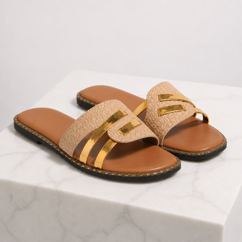 Women's beige woven sandals styled look — summer — Eleni Slide Sandals — Oscar Blackwood