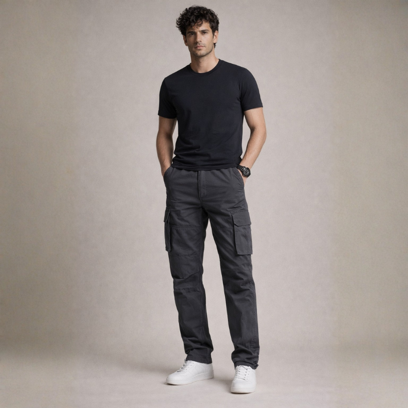 Men's gray cotton pants back view — versatile — Stanley Cargo Pants — Oscar Blackwood