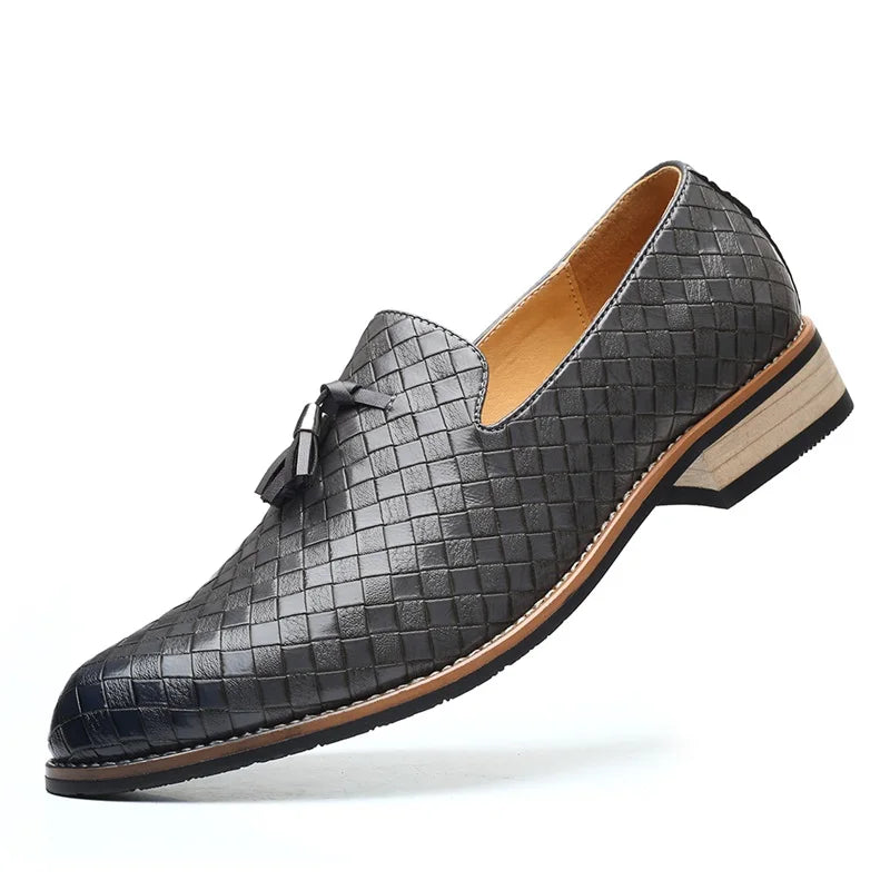 Men's gray woven loafers detail view — versatile — Ludo Weave Leather Loafers — Oscar Blackwood