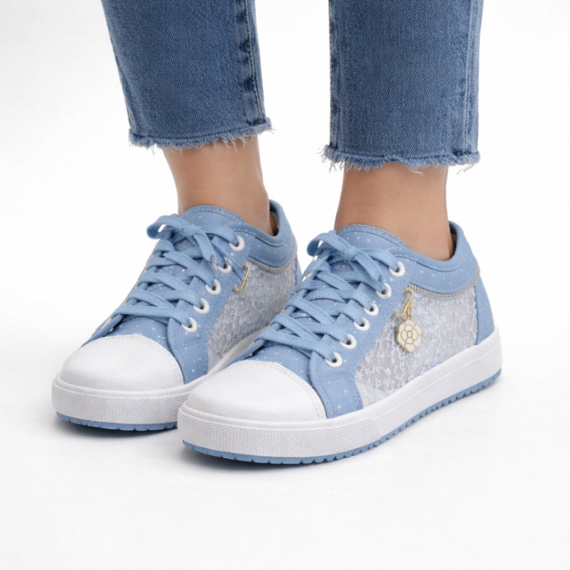 Women's lace sneakers detail view — casual — Stacy Denim Lace Sneakers — Oscar Blackwood