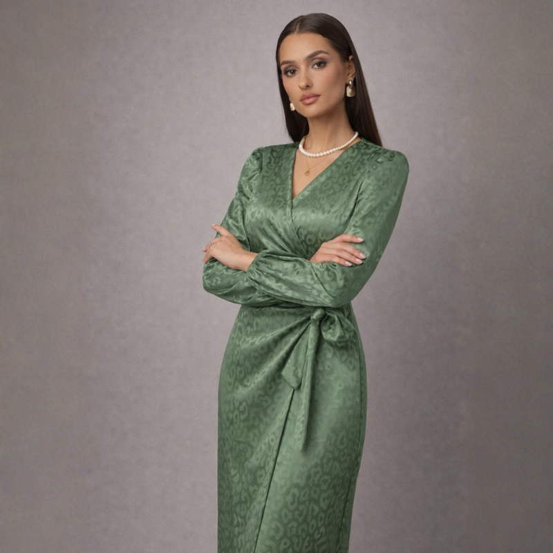 Women's leopard dress alternate angle — chic — Nica Leopard Wrap Dress — Oscar Blackwood
