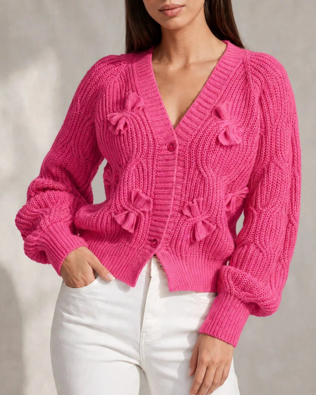 Women's magenta ribbed cardigan front view — cozy — Romina Bow Knit Cardigan — Oscar Blackwood