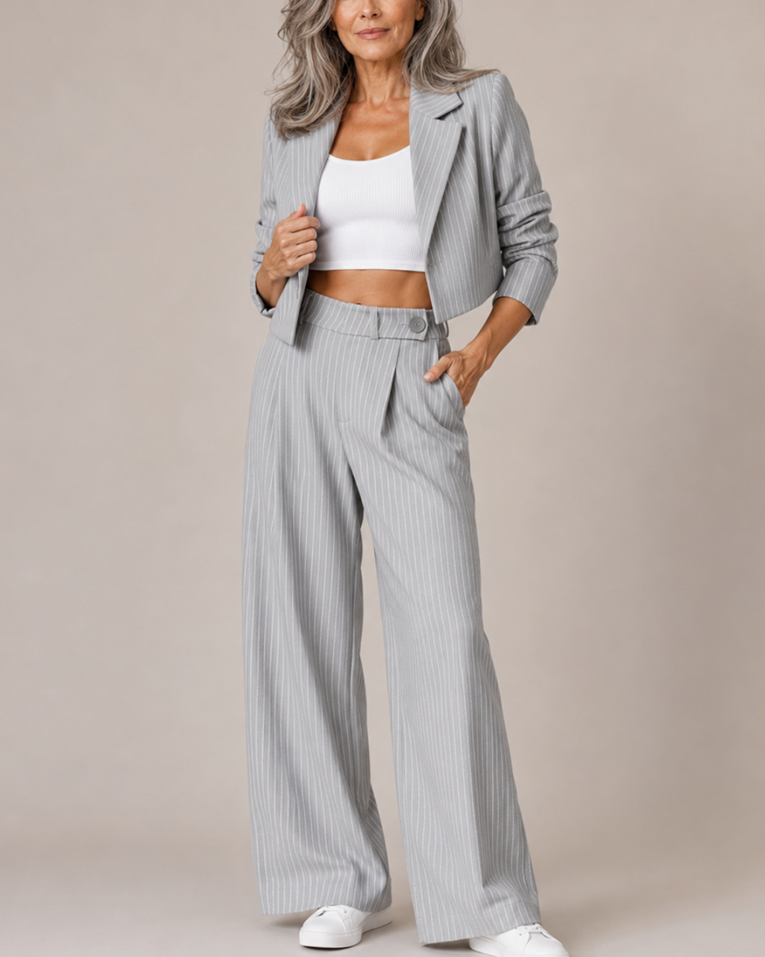 Women's pants side view — versatile — Mancini Pinstripe Set for every occasion — Oscar Blackwood