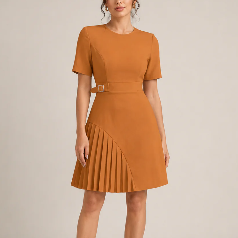 Women's brown dress side view — chic — Merelin Pleated Dress for every occasion — Oscar Blackwood