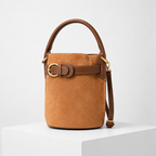Women's brown suede bag back view — everyday — Celeste Bucket Bag — Oscar Blackwood