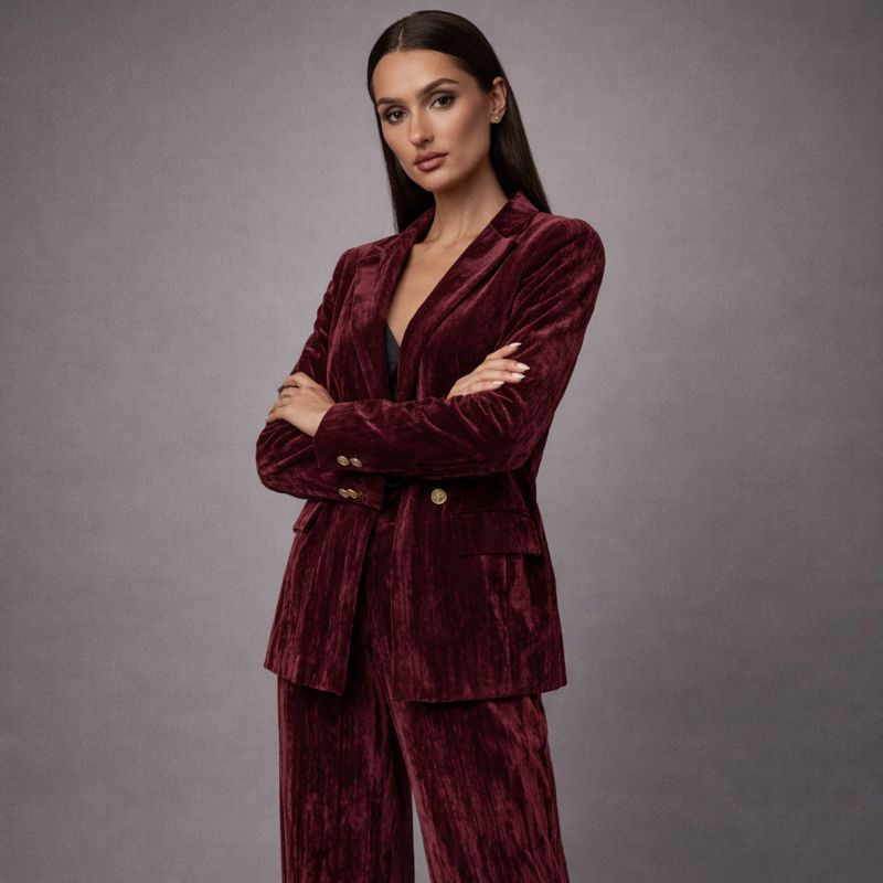 Women's velvet pants close-up — versatile — Ruby Velvet 2 Piece Set — Oscar Blackwood
