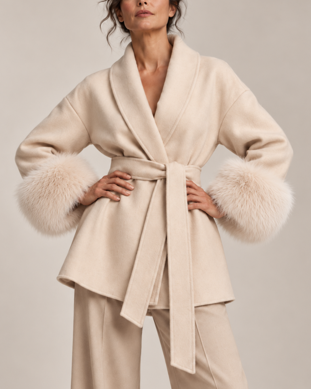 Women's jacket front view — outerwear — Fiorella Faux Fur Sleeve Coat — Oscar Blackwood