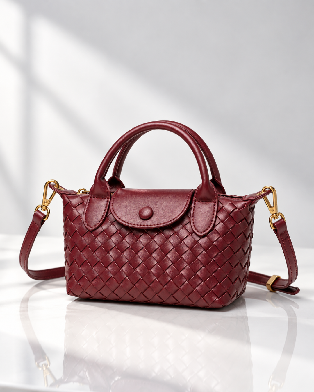 Women's red woven handbag styled look — everyday — Marguerite Woven Crossbody Handbag — Oscar Blackwood