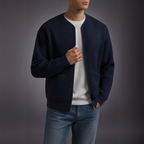 Men's navy-1 ribbed cardigan close-up — cozy — Oliver Knit Zip Cardigan — Oscar Blackwood