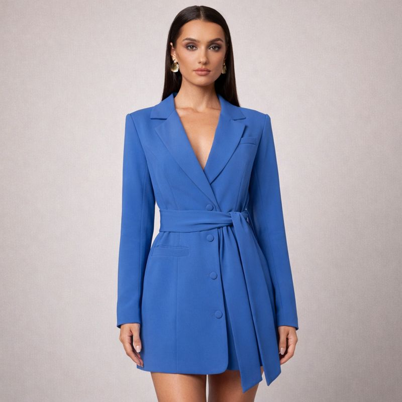 Women's blue dress front view — chic — Cornelia Blazer Dress for every occasion — Oscar Blackwood