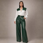 Women's green leather pants detail view — versatile — Suzanne 2 Piece Set — Oscar Blackwood