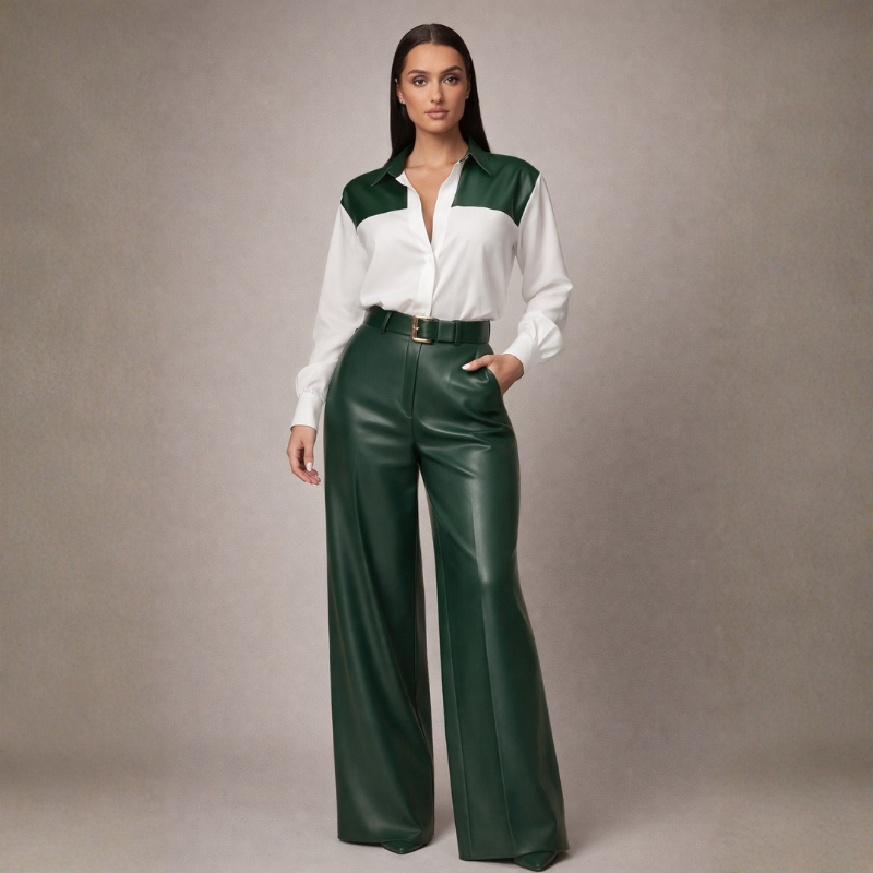 Women's green leather pants detail view — versatile — Suzanne 2 Piece Set — Oscar Blackwood