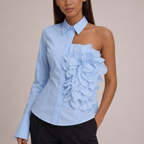 Women's light-blue floral freesia back view — versatile — Freesia One-Shoulder Shirt — Oscar Blackwood