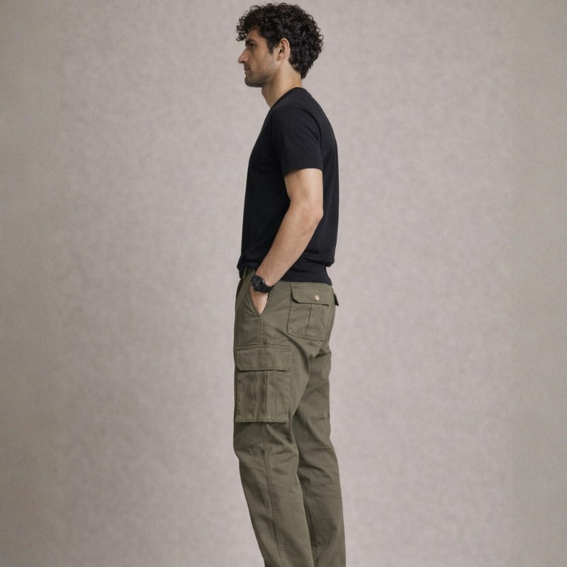Men's tan cotton pants side view — versatile — Stanley Cargo Pants — Oscar Blackwood