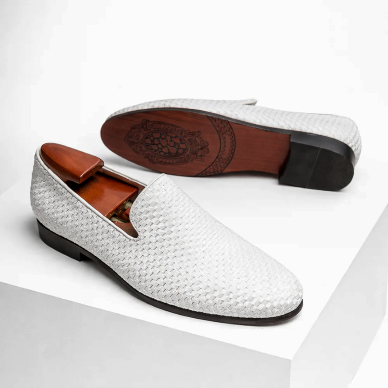 Men's white velvet loafers side view — versatile — Benedict Velvet Flat Shoes — Oscar Blackwood
