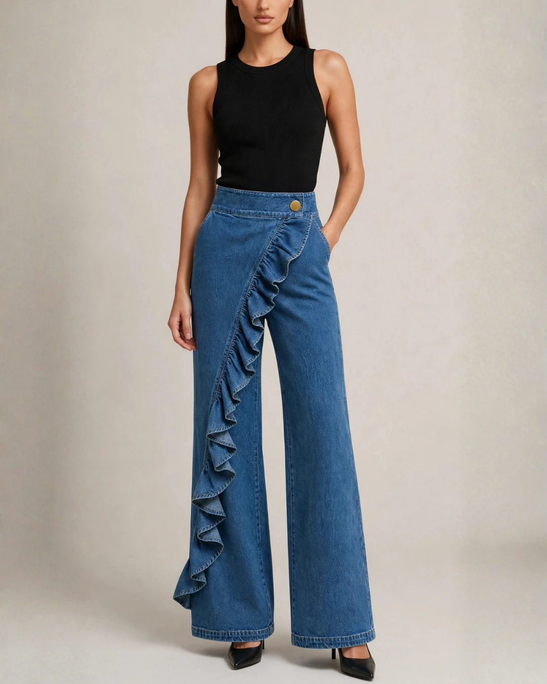 Women's denim skirt front view — chic — Lexa Denim Skirt Pants — Oscar Blackwood