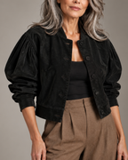 Women's black suede jacket detail view — outerwear — Vivian Suede Bomber — Oscar Blackwood