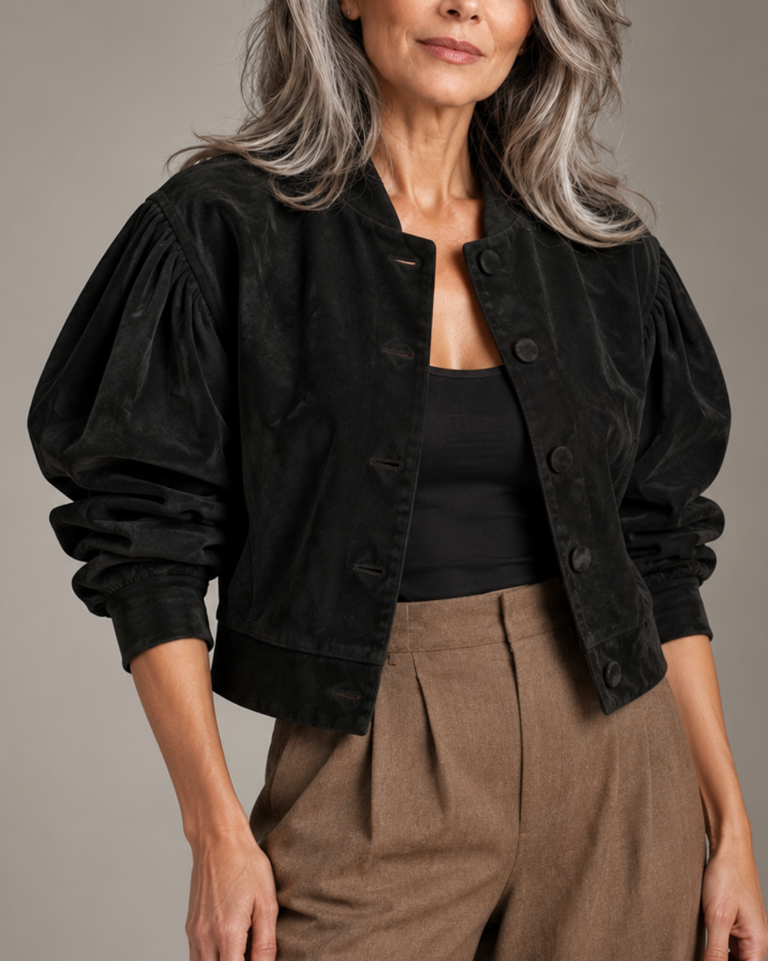 Women's black suede jacket detail view — outerwear — Vivian Suede Bomber — Oscar Blackwood