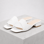 Women's white woven sandals side view — summer — Iris Woven Slide Sandals — Oscar Blackwood