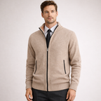 Men's khaki knit cardigan back view — cozy — Steward Zipper Cardigan — Oscar Blackwood