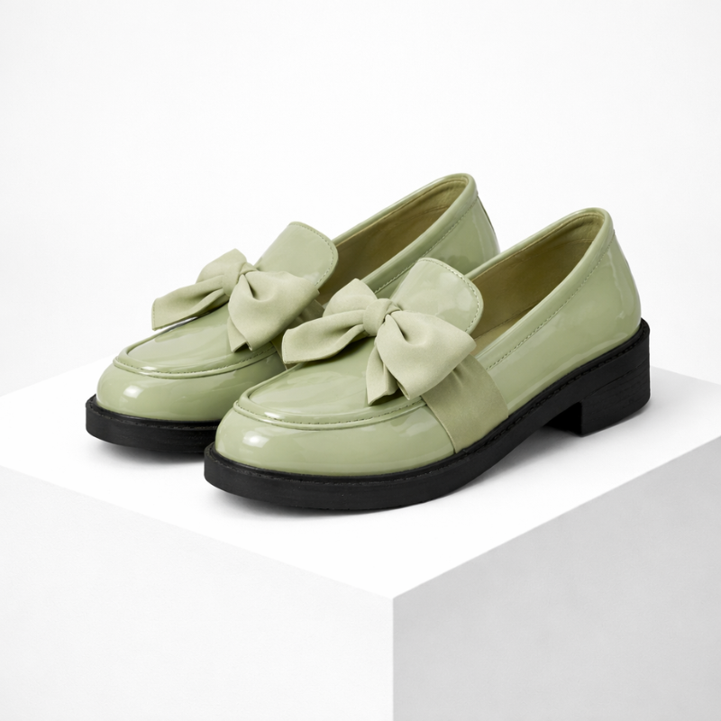 Women's green loafers close-up — versatile — Phoebe Bow Loafers — Oscar Blackwood