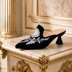Women's red floral heels color detail — elegant — Harriet Embroidered Pointed Mules — Oscar Blackwood