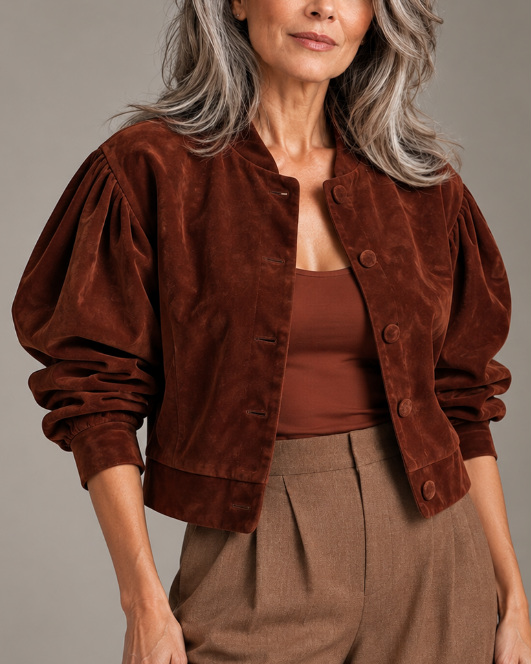 Women's orange suede jacket close-up — outerwear — Vivian Suede Bomber — Oscar Blackwood