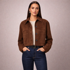 Women's brown suede jacket styled look — outerwear — Marissa Suede Crop Jacket — Oscar Blackwood