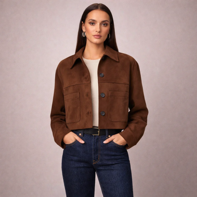 Women's brown suede jacket styled look — outerwear — Marissa Suede Crop Jacket — Oscar Blackwood