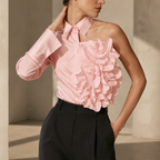 Women's floral freesia side view — versatile — Freesia One-Shoulder Shirt — Oscar Blackwood