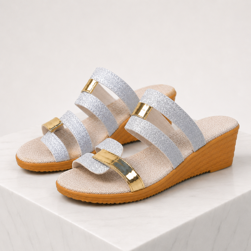 Women's silver lace sandals styled look — summer — Martina Wedge Sandals — Oscar Blackwood