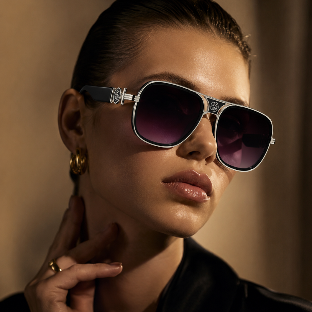 Women's floral sunglasses close-up — statement — Deidra Aviator Sunglasses — Oscar Blackwood