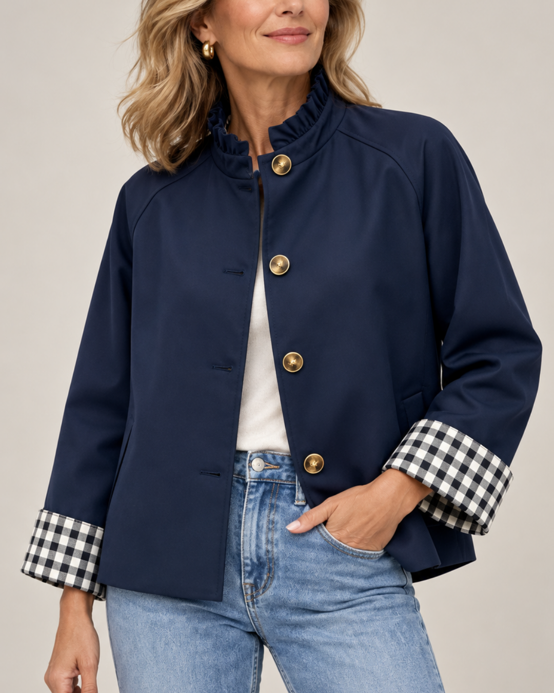 Women's navy plaid jacket back view — outerwear — Audrey Plaid Jacket — Oscar Blackwood