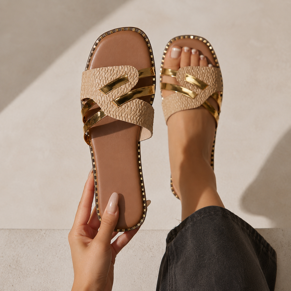 Women's woven sandals front view — summer — Eleni Slide Sandals — Oscar Blackwood