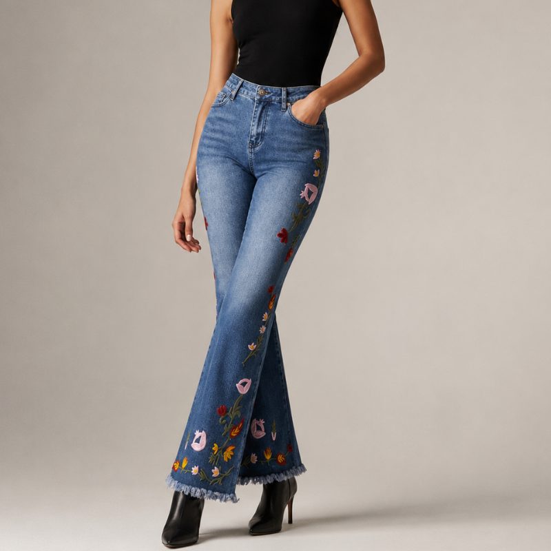 Women's red floral jeans alternate angle — casual — Flora Embroidered Flare Jeans — Oscar Blackwood